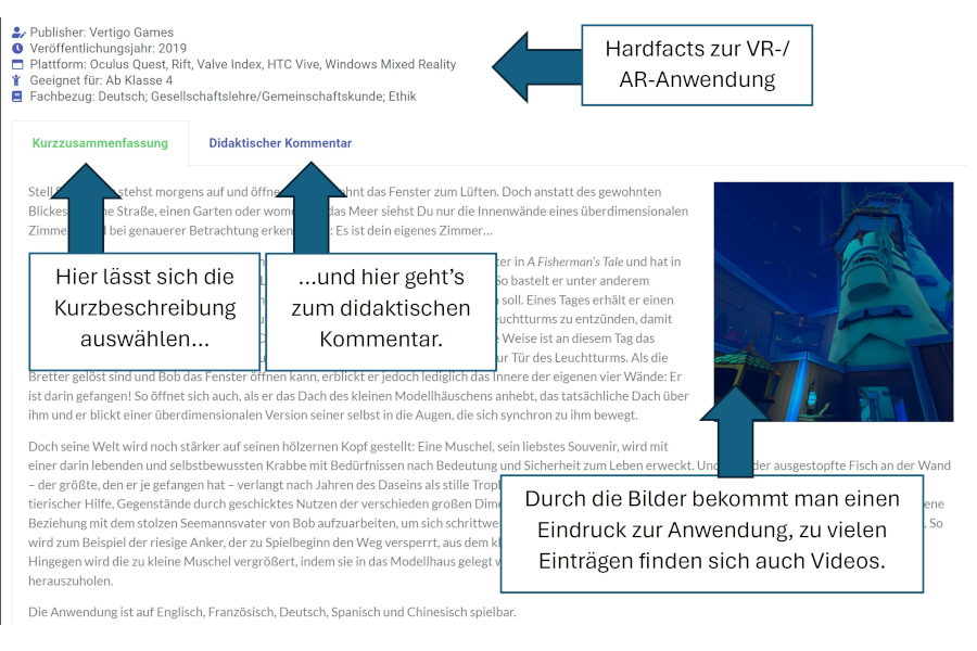 Datenbankeintrags der VR-Anwendung A Fisherman’s Tale  